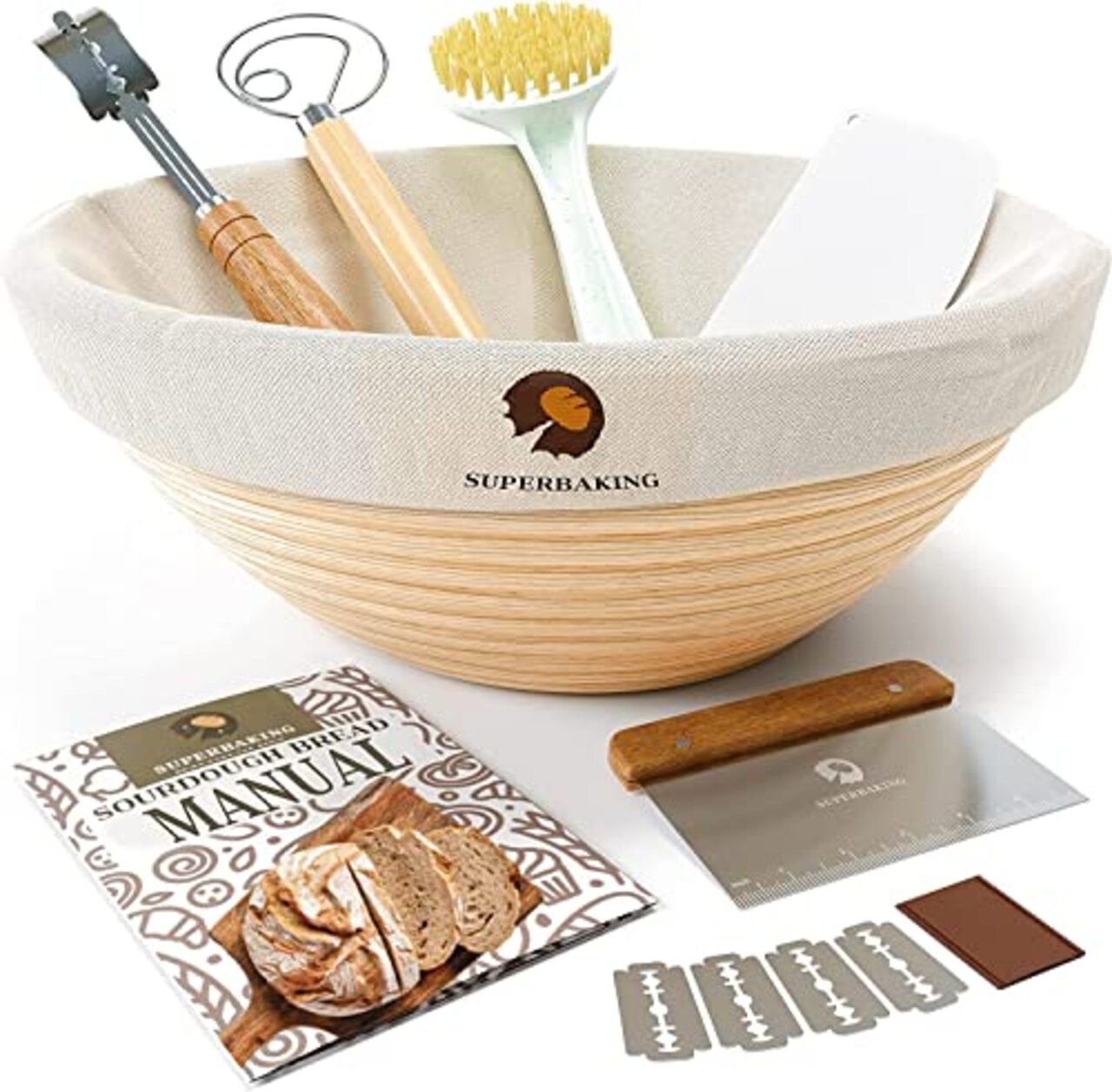 Superbaking Bread Proofing Basket, Round 9 inch Sourdough Starter Kit, Proofing Basket for Bread baking, Bread Making Supplies Tools, Banneton Basket Gift Set